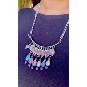 Vintage Handmade Boho Iridescent Fringe Necklace Silver Statement Bib
